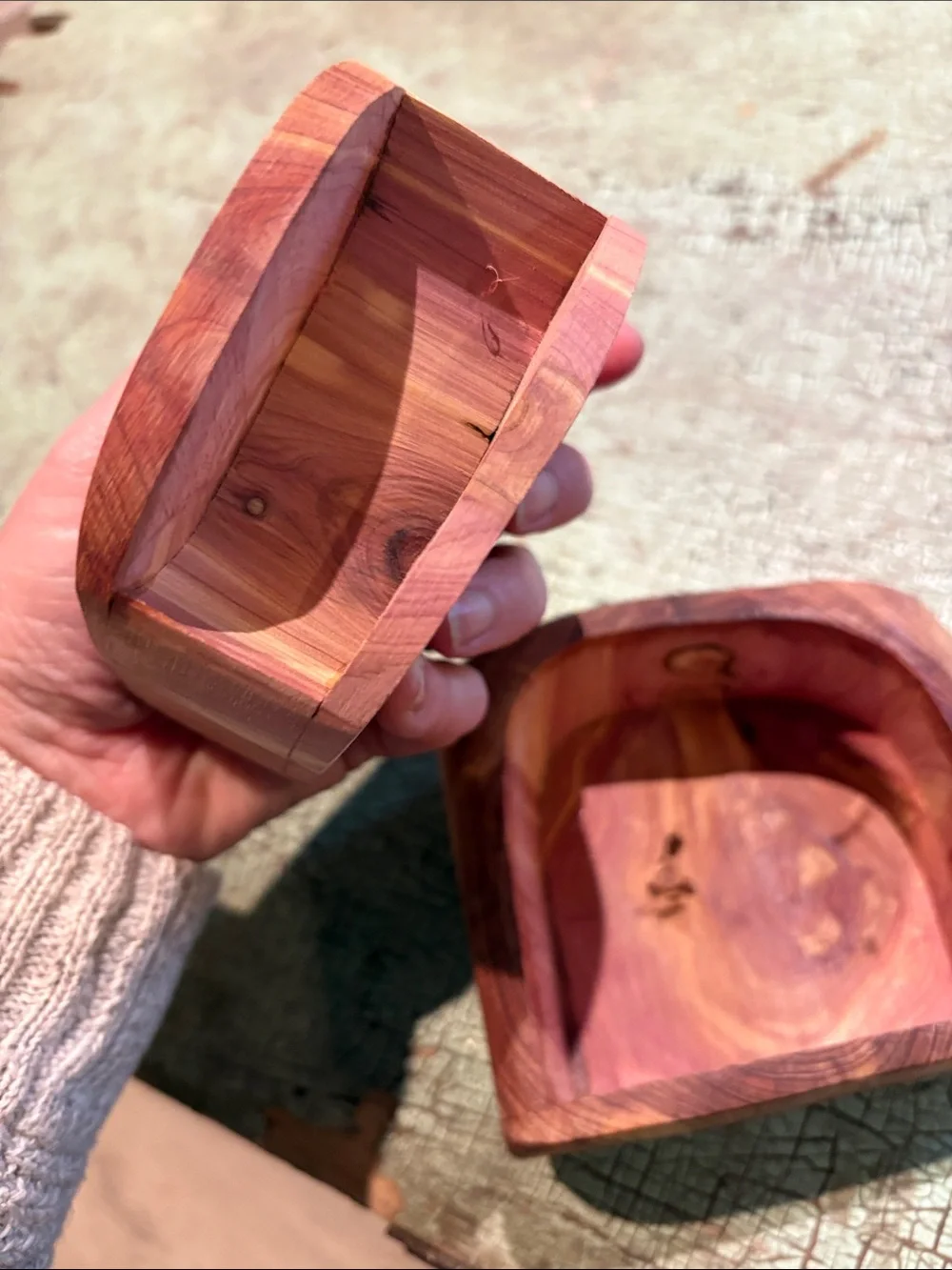 Hand Carved Cedar Wood Secret Compartment Trinket Box Rustic Artisan Keepsake